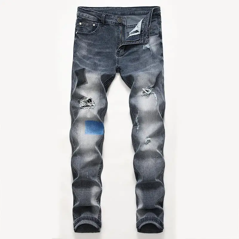 

Men's Jeans Retro Denim Pants Casual Hiphop Embroidery Trousers