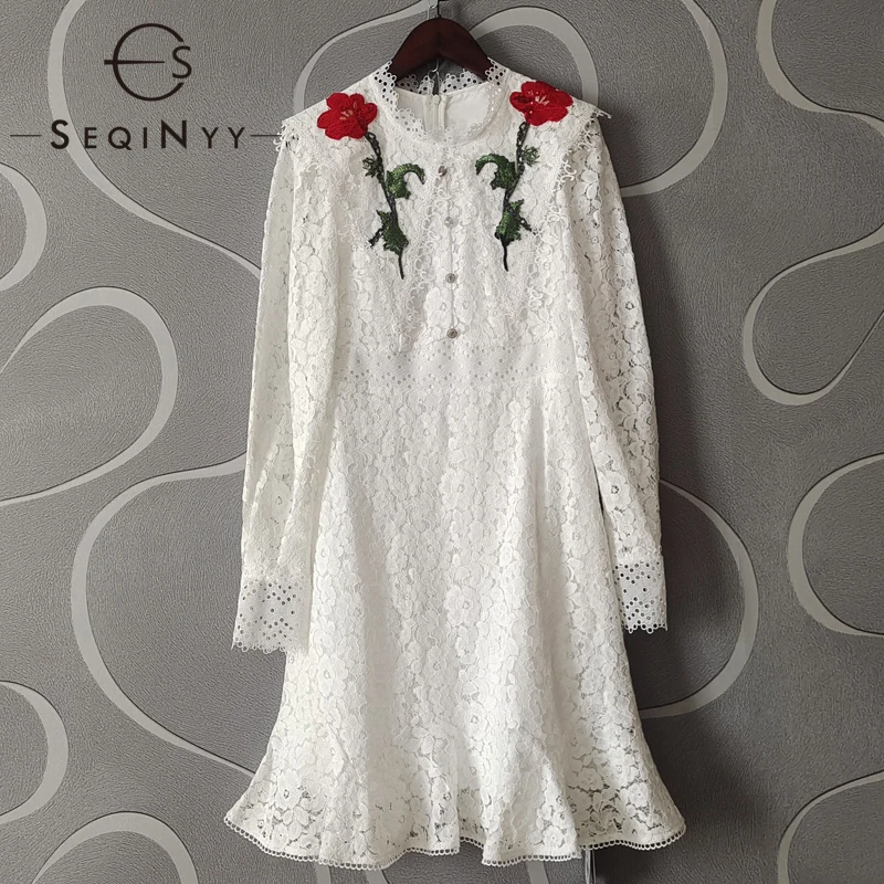 

SEQINYY Lace Mini Dress Summer Spring New Fashion Design Women Runway High Quality Embroidery Flowers Sequins Lace Buttons