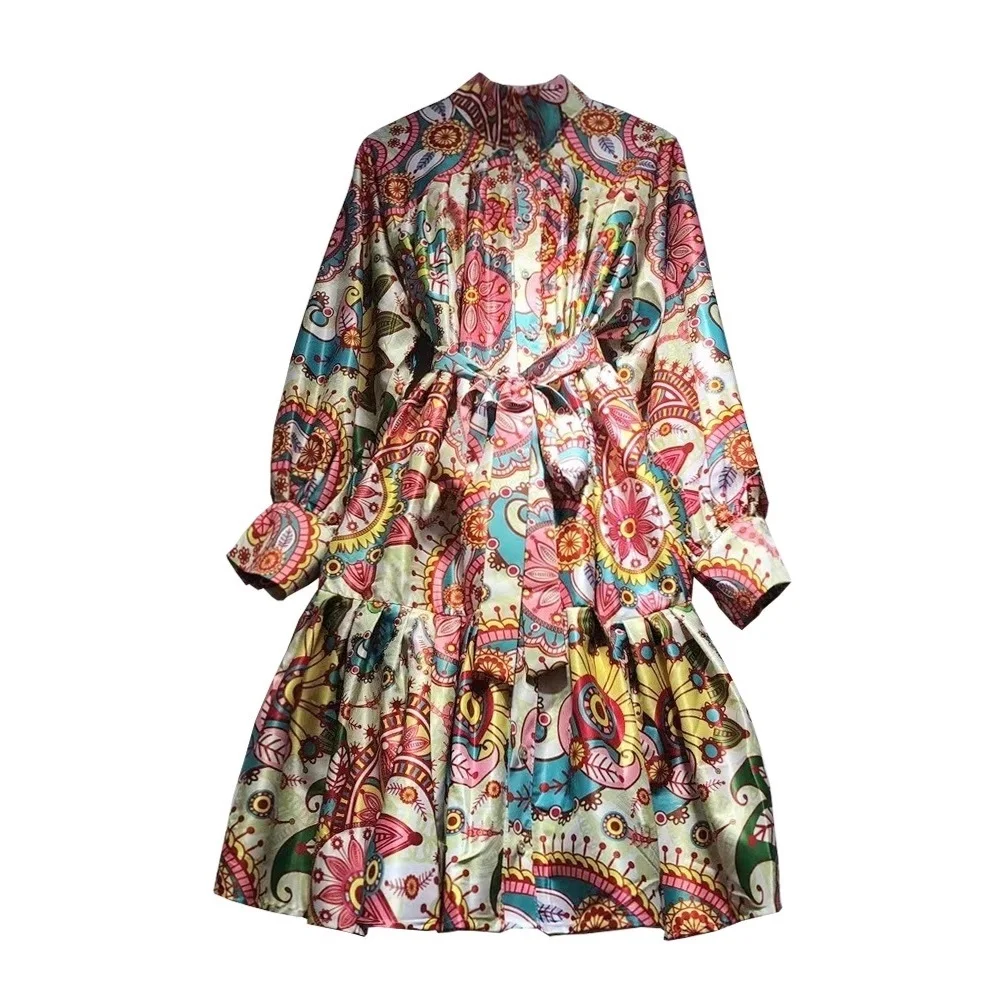 

Big-name women's summer plus size satin 3D printing retro pleated dress2021New women's clothing fashion party big pendulum skirt