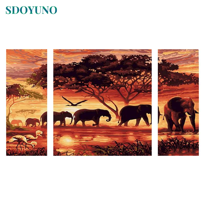 

SDOYUNO 3Pcs/set 50x80cm Acrylic Paint By Numbers On Canvas Elephant DIY Frameless Oil Painting By Numbers Animals Home Decor