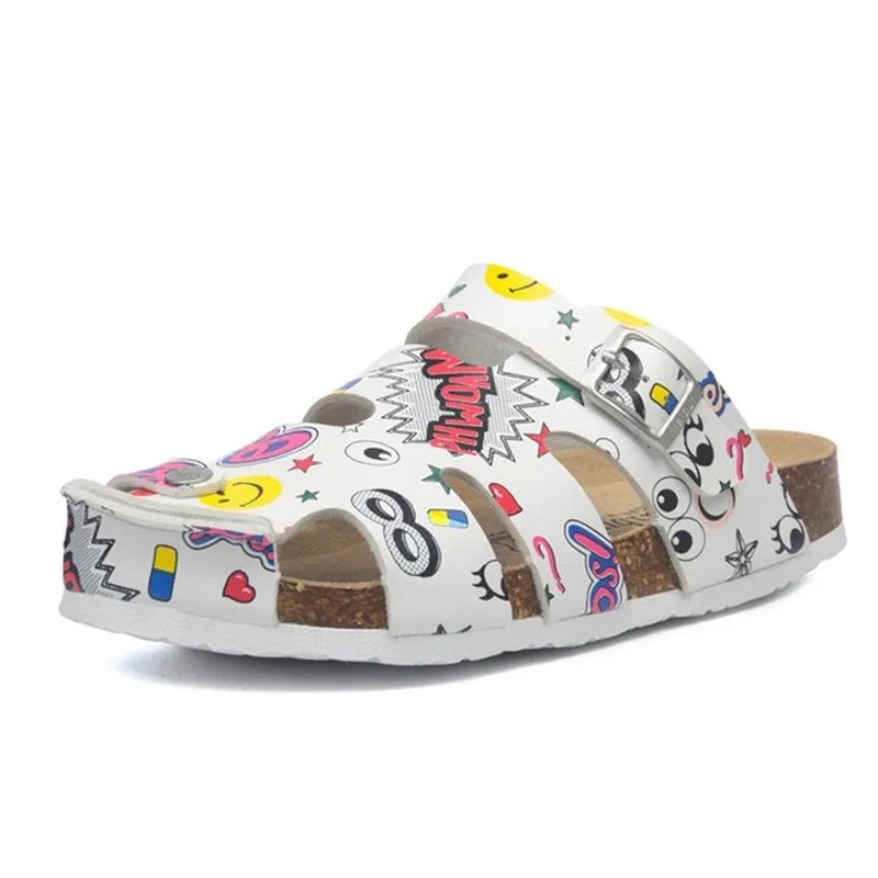 

Шлепанцы мужские/женские кожаные на пробковой подошве, Летние Стильные ажурные сандалии на платформе, с пряжкой, с принтом, пляжные тапки ун...