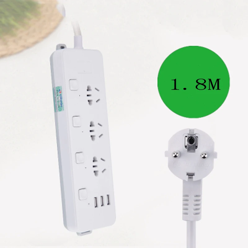 

3 AC Outlets 3 USB Outputs Power Strip Electronic Smart Extension Socket EU Plug Adapter Power Button Surge Protector 1.8M Cord
