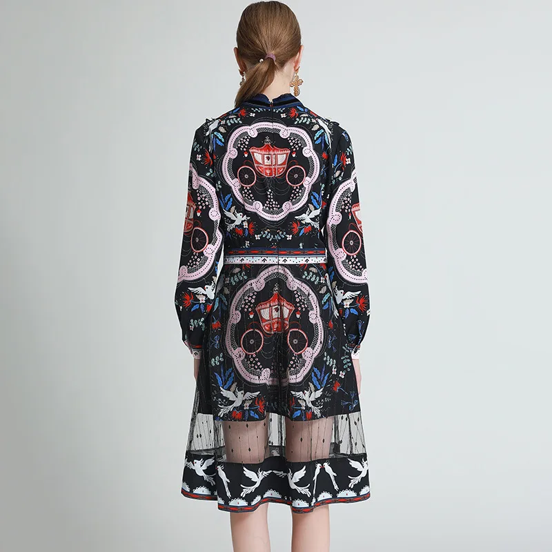 

2020 AUTUMN TIE-NECK MESH PATCHWORK PRINT DRESS