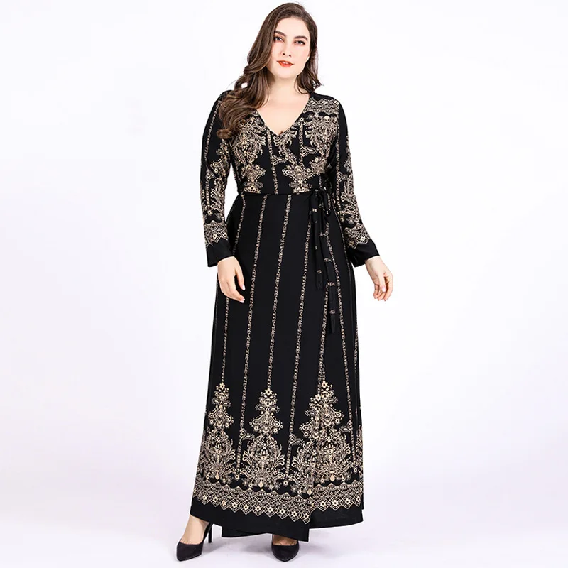 

DOIB Maxi Long Dresses Women Print Plus Size Cross V Neck Wrap Vintage Large Size Dress 2020 Autumn Bohemia Sashes Dress 6XL