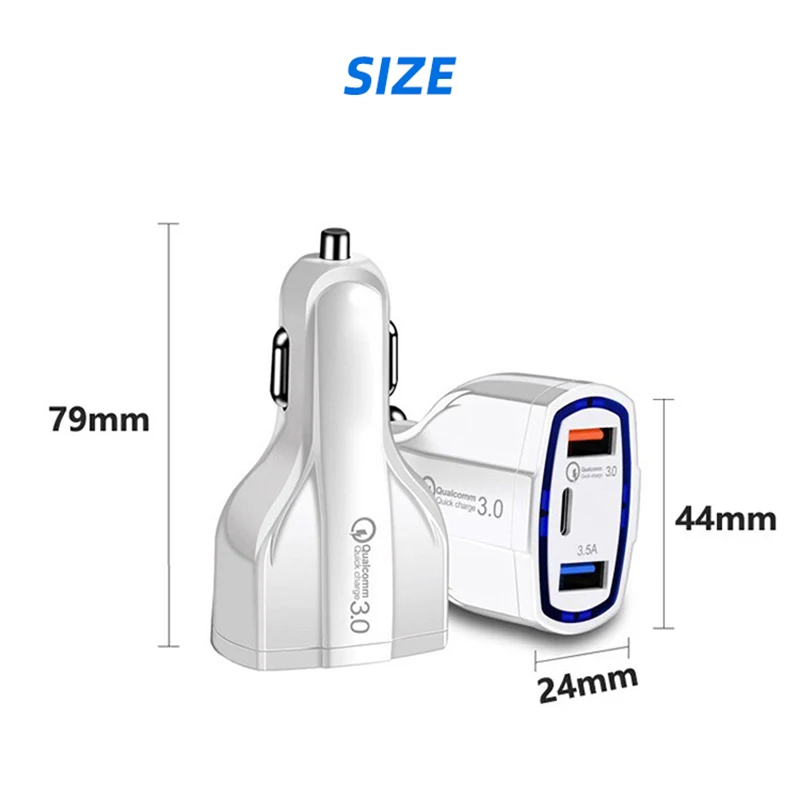 

3 Ports 36W USB Car Charger For Iphone 11Pro GPS QC3.0 Type C Fast Charging Adapter For Xiaomi Huawei Samsung Phone Tablet