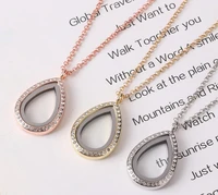 1pclot little water drop floating locket with necklace chains rhinestones teardrop glass magnetic locket pendant woman jewelrys
