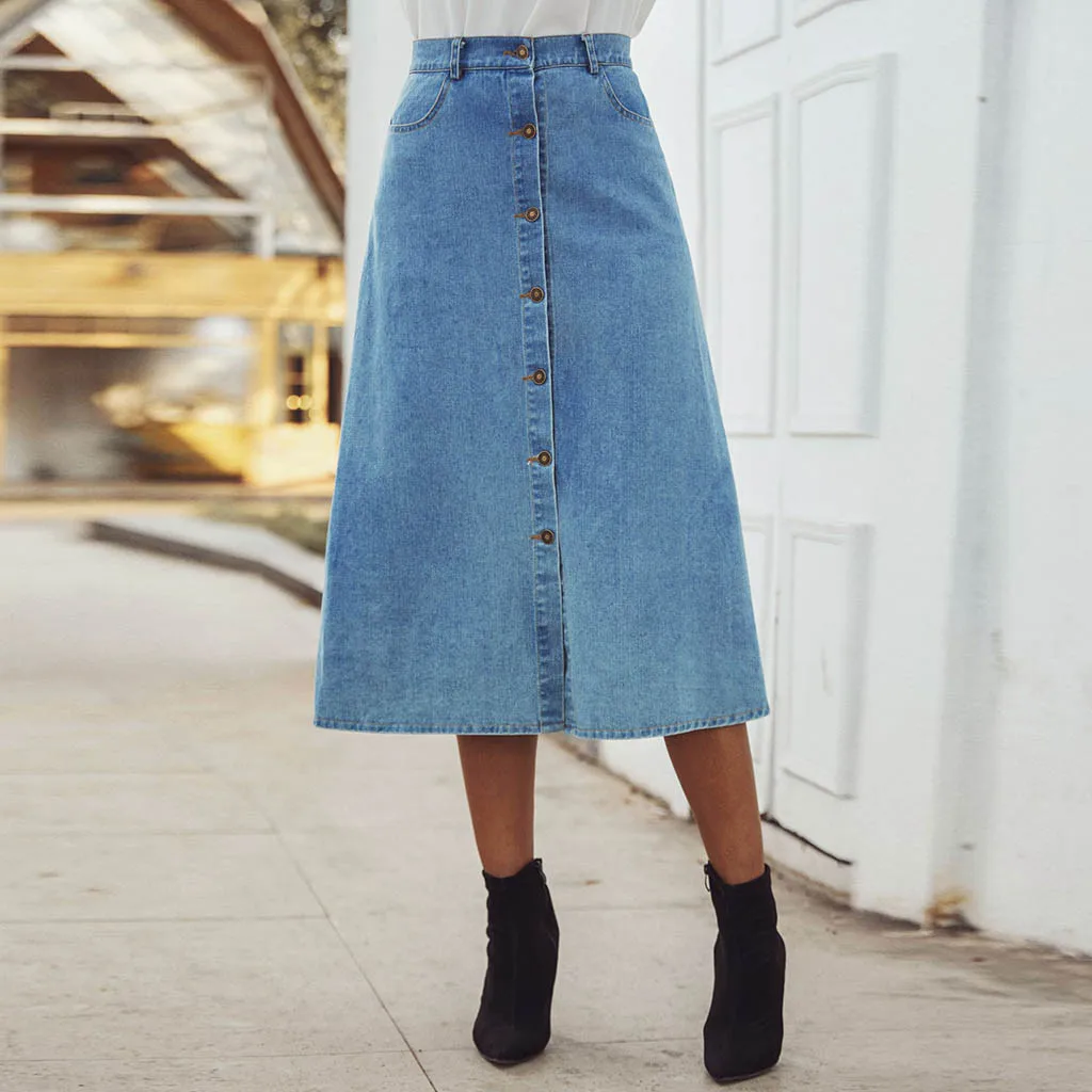Женская летняя джинсовая повседневная Юбка на пуговицах с карманом Юбки