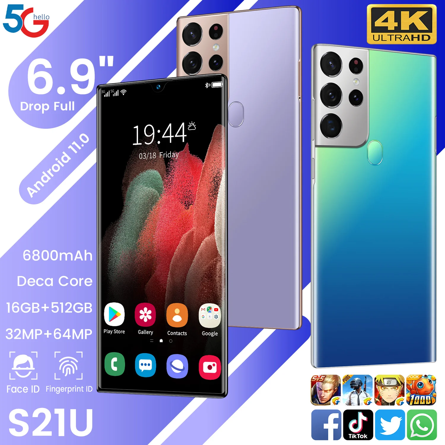

6.9Inch Galax S21U Smartphone Five Three Camera 32+64MP Selfie 16GB+512GB 6800mAh Deca Core Android 11 4G 5G LTE Global Version