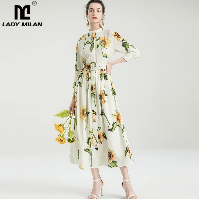 

Женские модельные платья с круглым вырезом и рукавом 3/4, модное платье средней длины с цветочным принтом и поясом