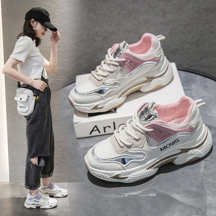 

Women Sneakers Vulcanize Breathable Fashion Casual Height Increasing Female Chunky Ladies Round Toe Old Dad Shoes