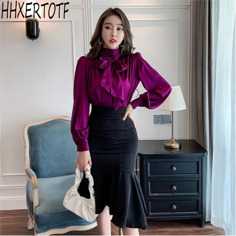 

Костюм-двойка женский атласный с бантом, элегантный комплект из блузки и Юбки Русалки с завышенной талией, весна 2021