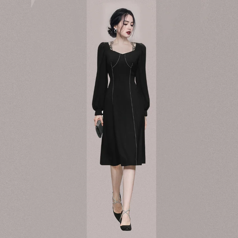 

Женское облегающее платье во французском стиле, элегантное черное платье средней длины с рукавами-фонариками в стиле Хепберн, приталенное ...
