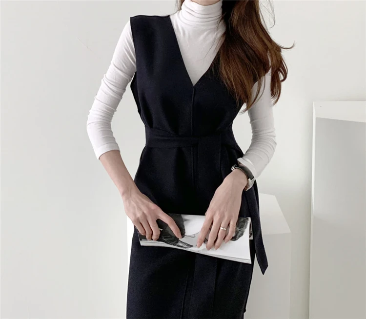 

New 2020 Autumn Spring Women Dresses Sashes Solid Split Straight Knitting Warm Sweater Elegant Office Ladies