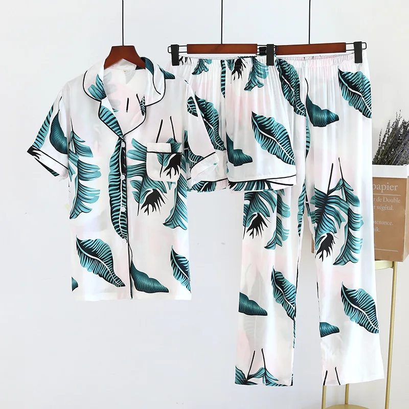 

2021 New Women's Spring And Summer100%Viscose Pajamas Three-piece Short Sleeve + Shorts + Trousers Soft And Comfortable Homewear