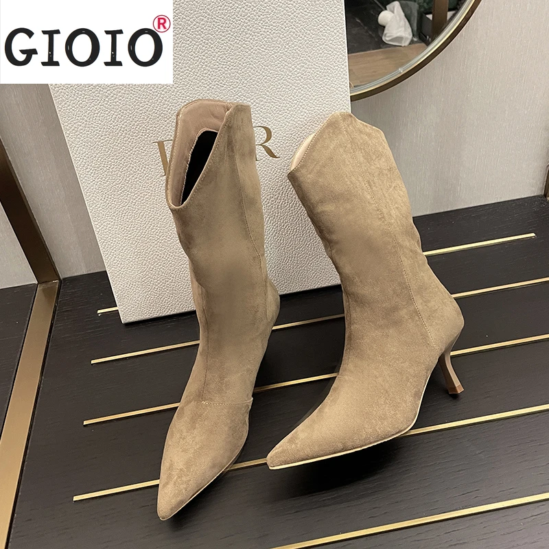 

2021 Pointed Toe Women Mid-Calf Chelsea Boots Flock Thin High Heels Slip On Party Pumps Fashion Shallow Shoes Woman