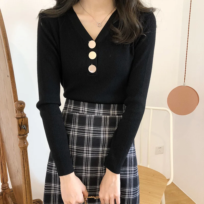 

Black Sweater Outer Wear 2021 New Spring, Autumn and Winter All-matching Western Style V-neck Long-sleeve Knitwear Inner Wear