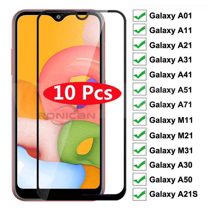 10Pcs Tempered Glass For Samsung Galaxy A01 A11 A21 A31 A41 A51 A71 Screen Protector A21S M11 M21 M31 A30 A50 Protective Glass