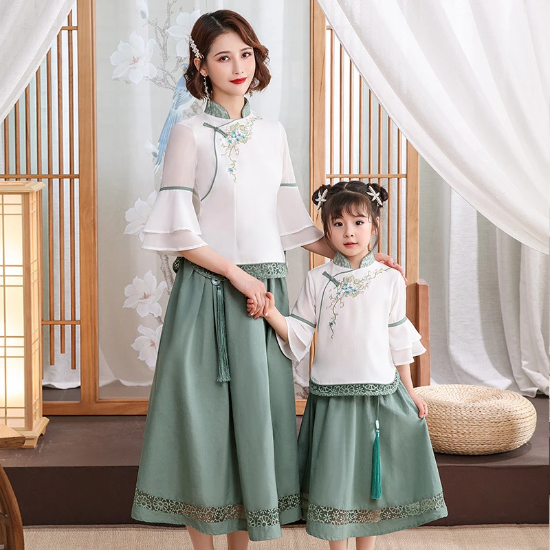 

Chinese Traditional Clothing Hanfu Cotton Linen Mom Daughter Cheongsam Embroidery Shirt Tops+Skirts Set Retro Tai Chi 2021 New