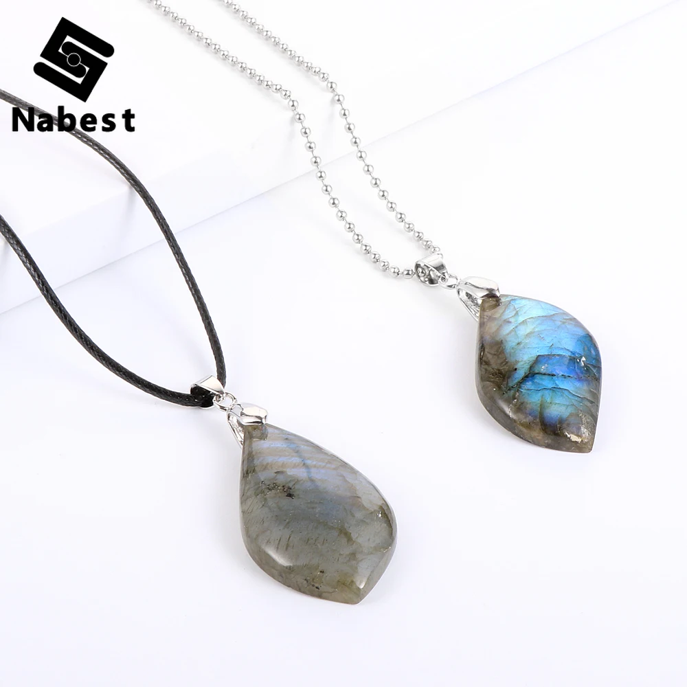 

Women Men Natural Stone Labradorite Pendant Necklace Irregular Moon Stones Waxed Rope/Alloy Ball Clavicle Chain Energy Jewelry