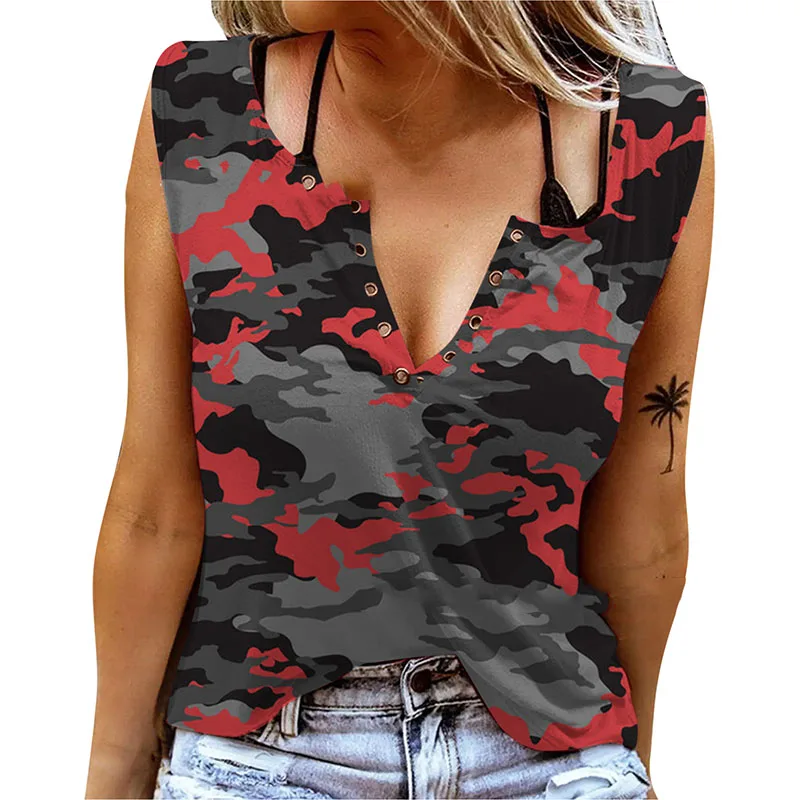 

New Summer Sleeveless Camouflage V-neck Vest Women's Casual Loose Sexy Vest Plus Size Clothing