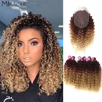 afro kinky curly hair extensions ombre blonde 16 20inch synthetic hair bundles with closure weave hair high temperature fiber