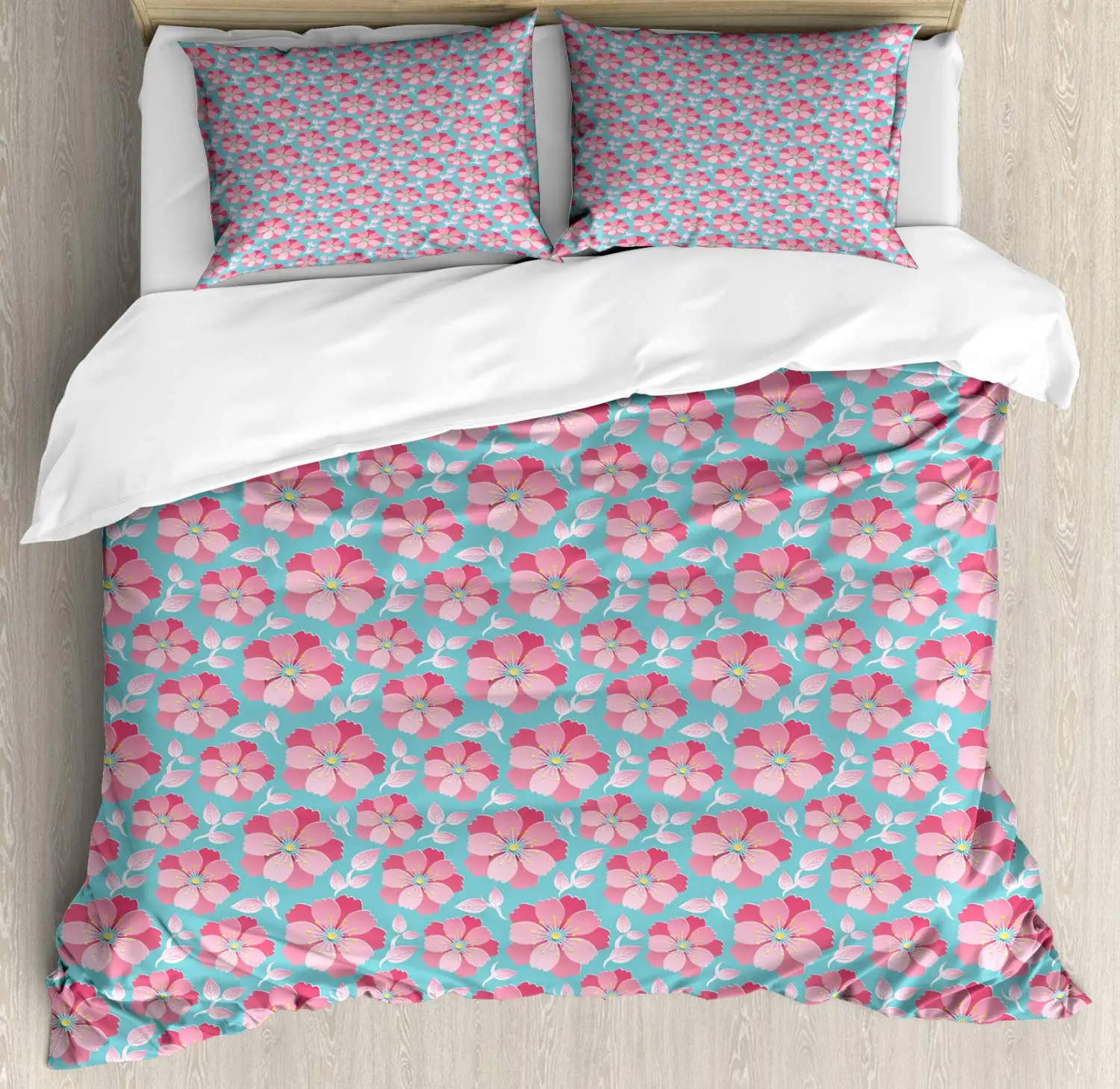 Blue and Pink Duvet Cover Set Abstract Petals Leaves 3 Piece Bedding Turquoise Pastel Dried Rose Yellow