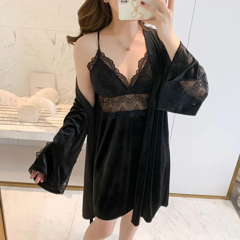 

Spring Autumn Women Velour Nightwear Sleepwear Sexy Lace Splicing Velvet Robe Sets Ladies Homewear Casual Nightgowns