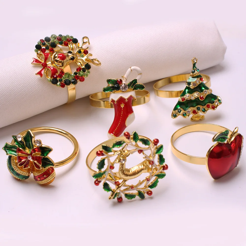 

Color Napkin Ring Reindeer Wreath Christmas Metal Inlaid Napkin Buckle Ring For Holiday Wedding Banquet Dinner Party Decoration