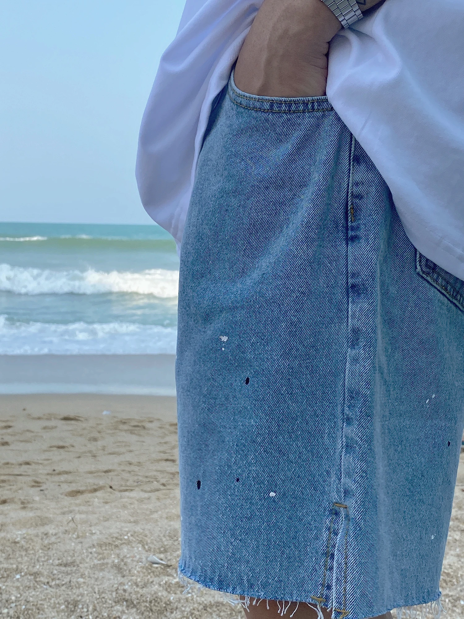 

IEFB Summer light color splash denim shorts men's trend