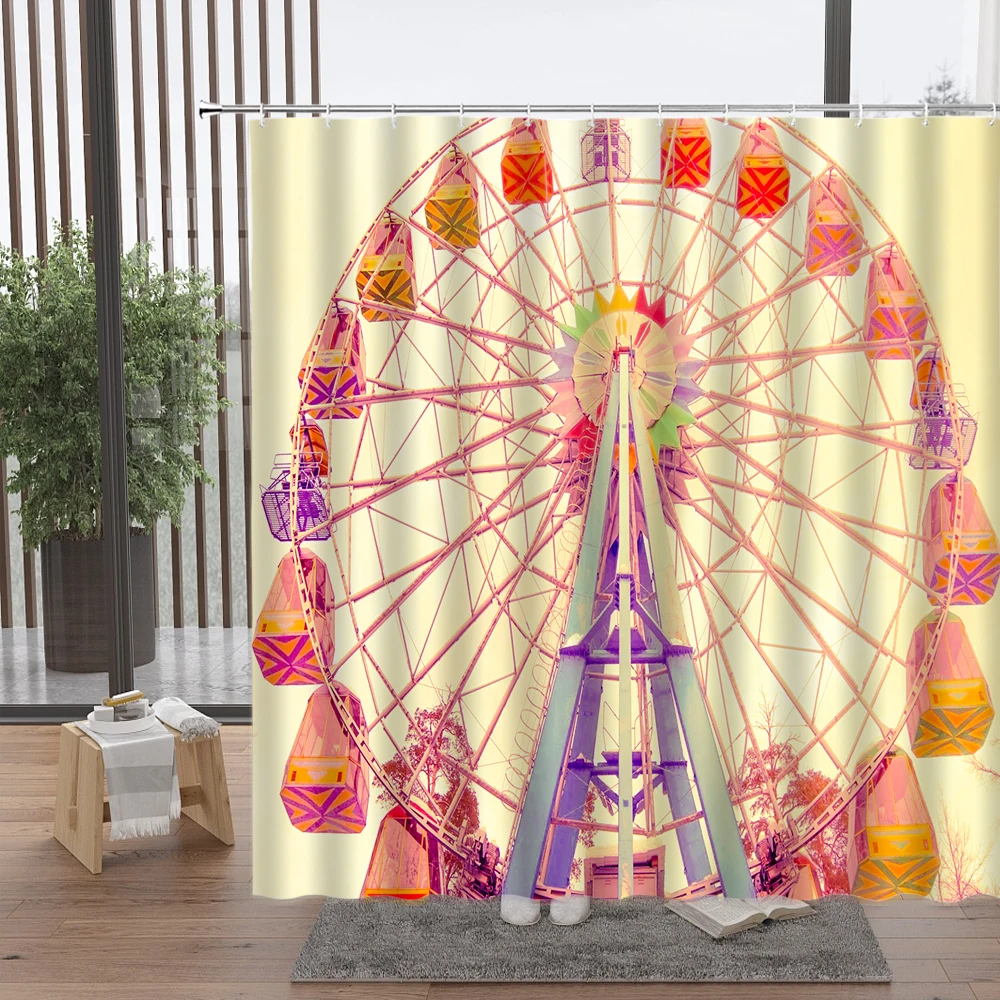 

Занавеска для душа с колесами обозрения, детская игровая площадка, кокосовое дерево, звездное небо, закат, пейзаж, водонепроницаемый настен...