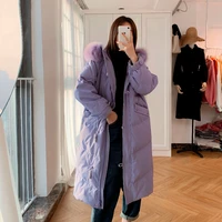 winter jacket women hooded warm natural fox fur collar long white duck down coat female elegant parkas clothes purple wpy4033
