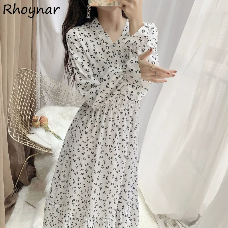 

Dress Women Vintage Printing All-match Leisure High Waist A-line Elegant Simple French Style Female Soft Fashion Vestido V-neck