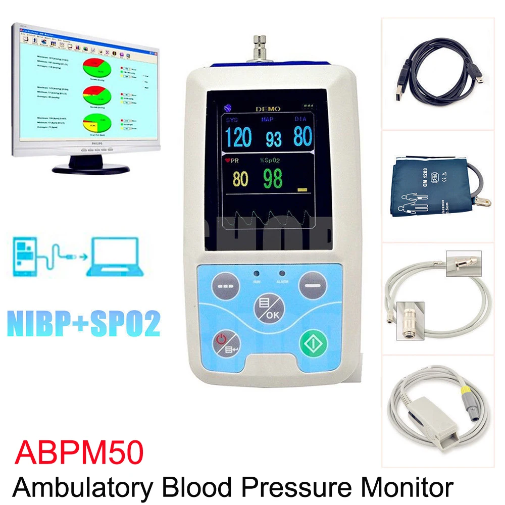 

ABPM50 Digital Blood Pressure Monitor Upper Arm NIBP Cuff Heart Rate Pulse Meter Tonometer BP Holter Automatic Sphygmomanometers