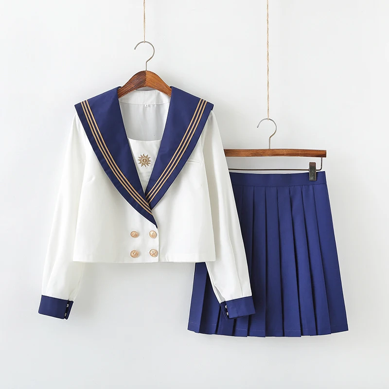 

Модная женская школьная форма, новые костюмы моряков для косплея с золотой вышивкой солнца, форма JK, топы с коротким длинным рукавом, компле...