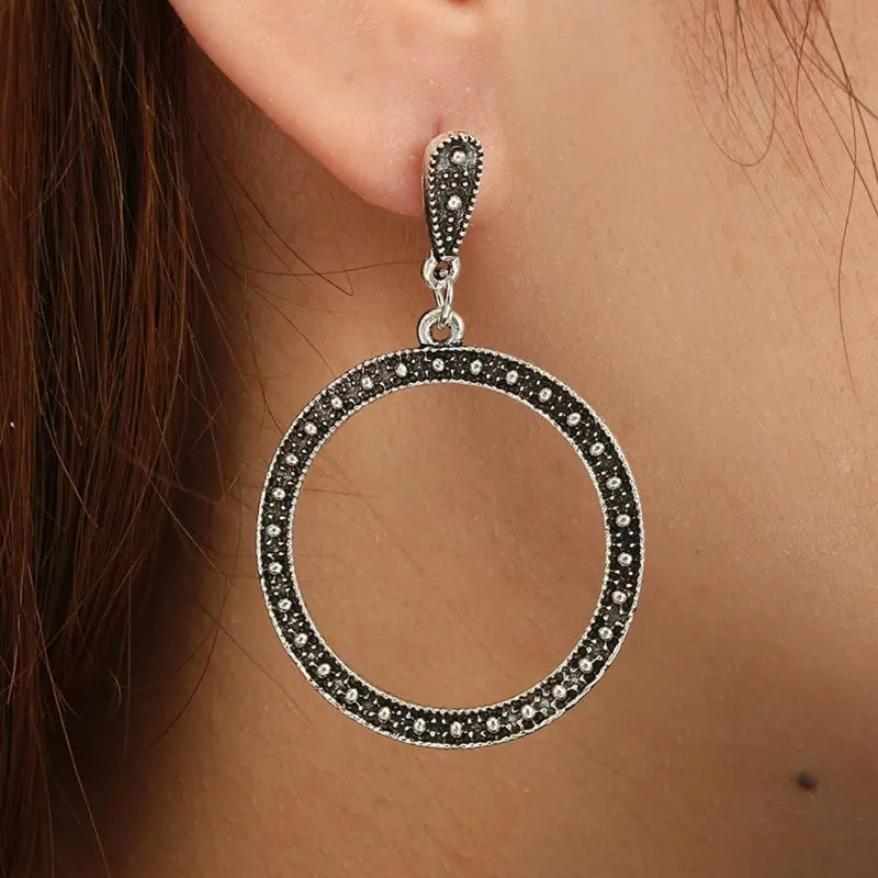 

Bohemian Antique Sliver Round Circle Drop Hoop Earrings Women Fashion Jewelry