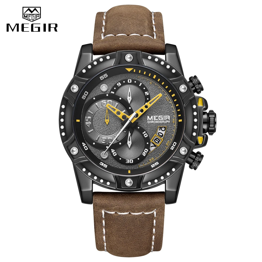 Brown Новые мужские часы MEGIR спортивный кожаный ремешок кварцевые часы модные роскошные Брендовые мужские водонепроницаемые часы многофункциональные наручные часы - Цвет: Brown