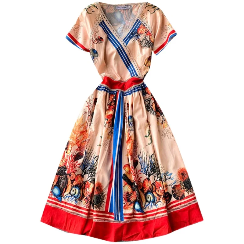 

2020 Rushed Sale Ukraine Maxi Dress Style Retro Print Design, Waist Shows Thin Temperament, V-neck Short Sleeve Dress For Women