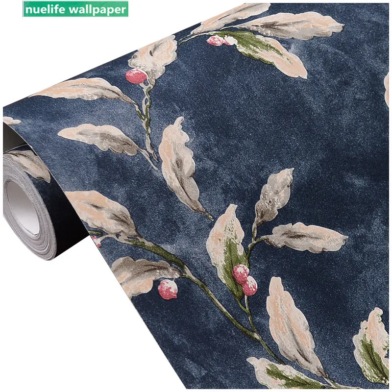 

American style pattern wallpaper retro nostalgic idyllic blue tree leaves bedroom living room sofa TV background wall paper