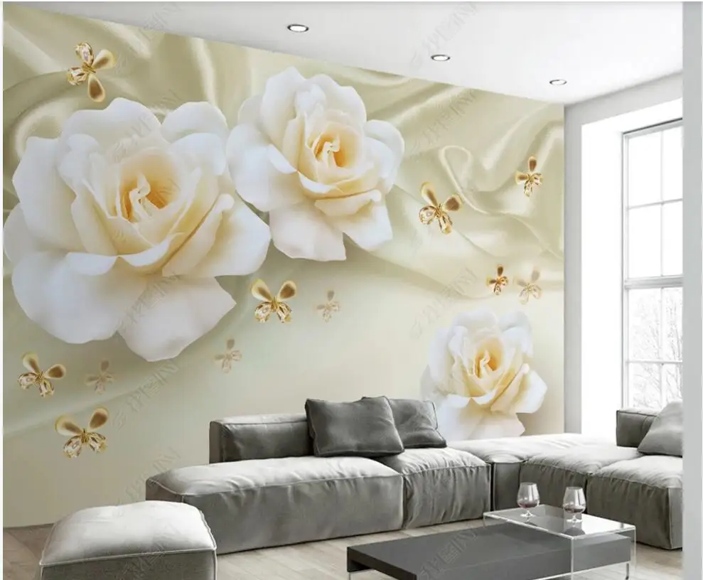 

custom mural Photo wallpaper on the wall White rose flower silk butterfly jewelry home decor 3d wallpaper for walls in rolls
