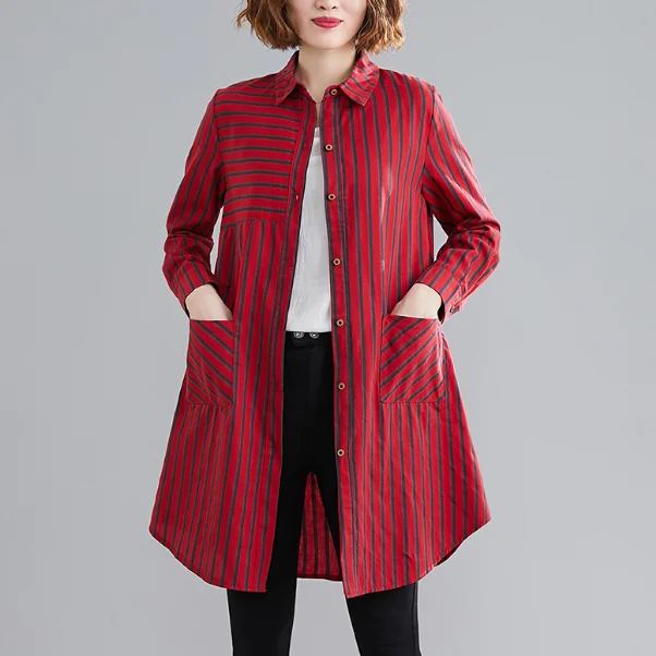 2020 New Spring Autumn Women Long Shirt Turn-Down Collar Red Yellow Green Striped Vintage Elegant Pockets Cotton Blouse DB351 | Женская