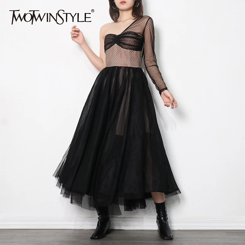

TWOTWINSTYLE Asymmetrical Perspective Black Dress For Women Long Sleeve Skew Collar High Waist Ruched Mesh Dresses Female New