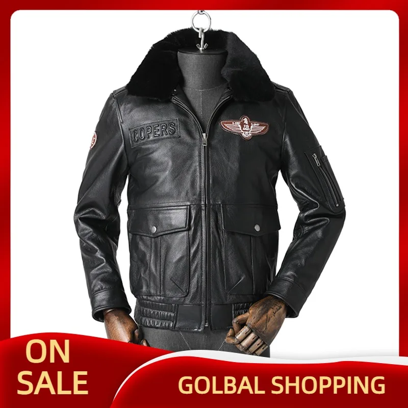 

2021 Black Military Style Pilot Leather Jacket Men Wool Collar Plus Size 5XL Genuine Natural Cowhide Autumn Aviation Coat