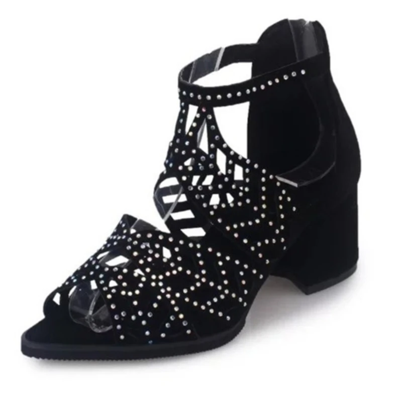 

Women's Sexy Hollow Out Rhinestones Fish Mouth Sandals Ladies Back Zipper Thick Heel Peep Toe Shoes