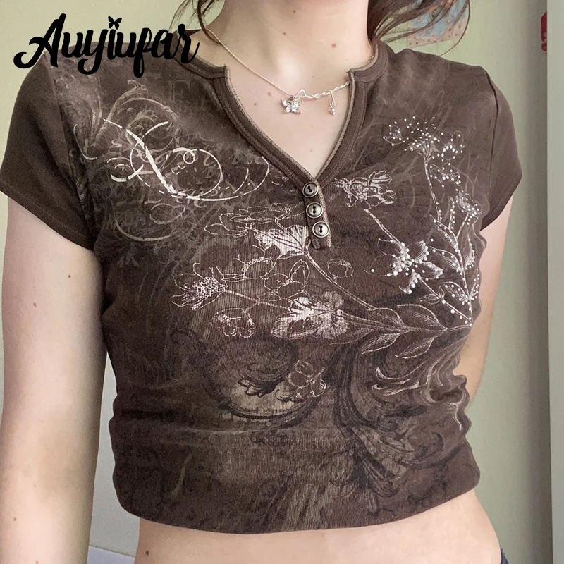 

Auyiufar Brown Retro Fairy Grunge Short Tshirts Y2k Printi Button V Neck Slim Casual Goblincore Top Fashion Women Aesthetic Tees