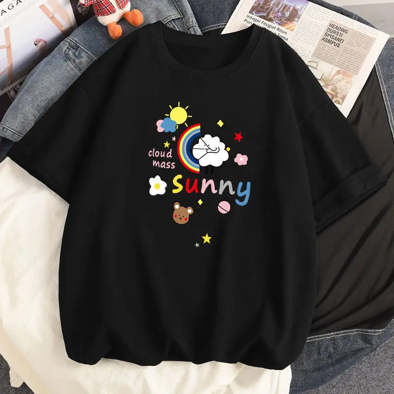

White Cotton T Shirt Summer Fashion Women Loose Casual Harajuku Ulzzang Graffiti Rainbow Short Sleeved Oversized T-shirts Tops