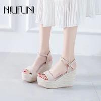 niufuni wedges womens sandals 12cm open toe high heels rattan suede buckle casual platform sandals gladiator dress ladies shoes