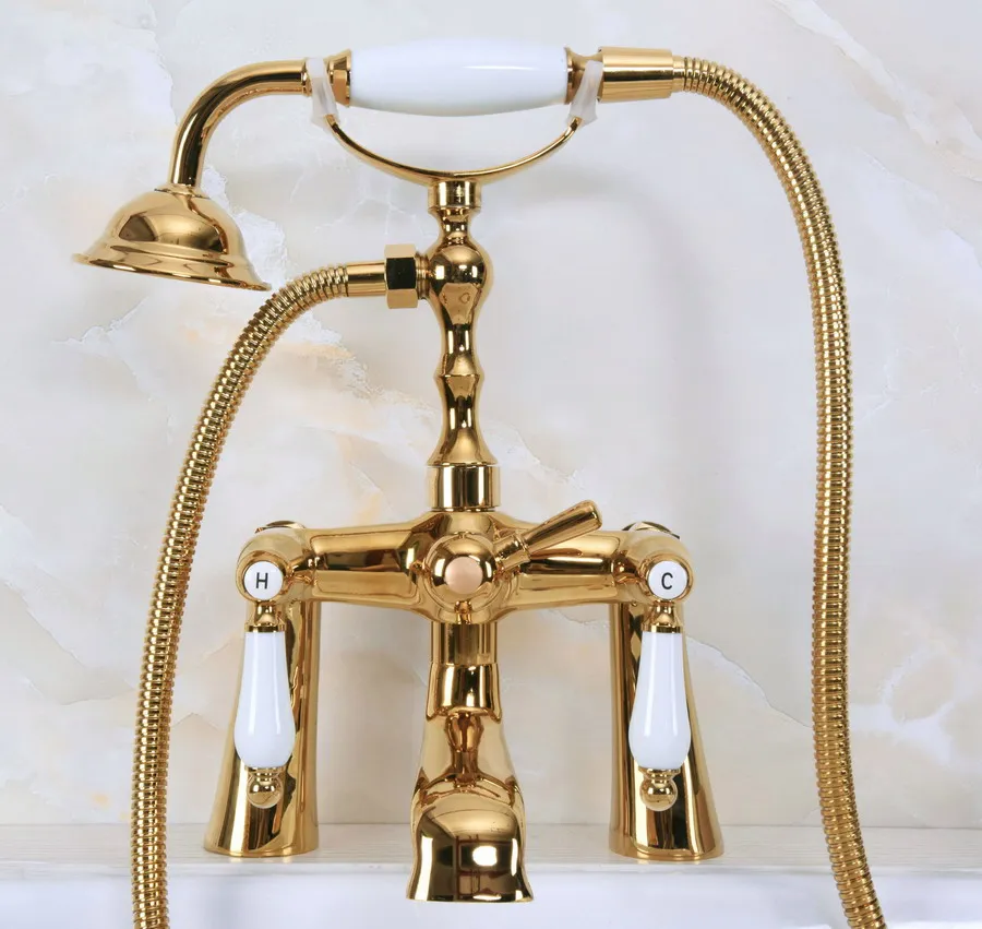 Luxury Gold Color Brass Deck Mounted Bathroom Clawfoot Bathtub Mixer Tap With Hand Shower Head Bath &amp Faucet Lna140 | Обустройство