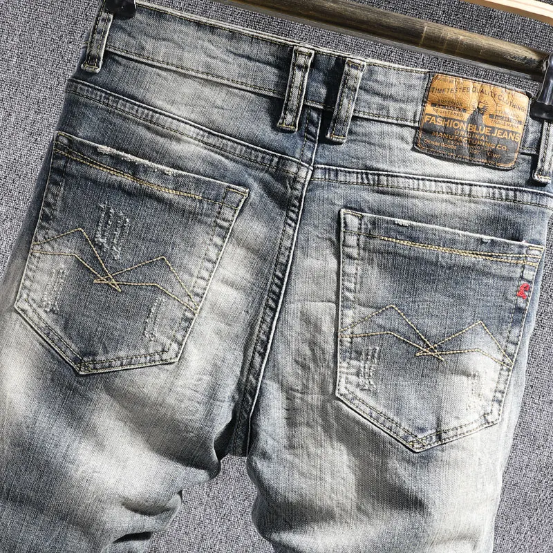 European Vintage Fashion Men Jeans Retro Distressed Washed Slim Ripped Jeans Men Streetwear Designer Elastic Casual Denim Pants