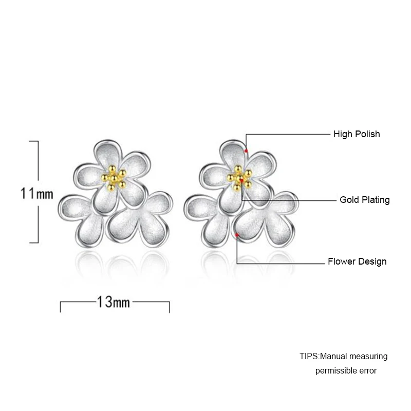 925 Sterling Silver Cherry Blossoms Flower Stud Earrings Gold Stamens For Women Jewelry S-E125 | Украшения и аксессуары