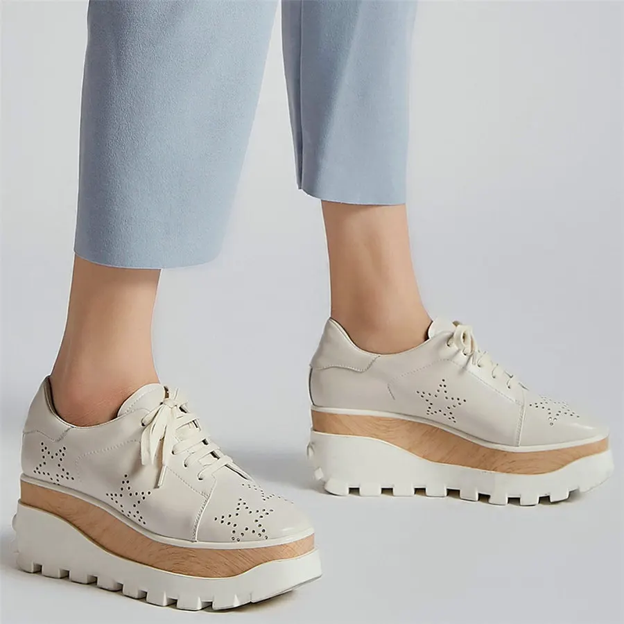 

Punk Creepers Women Lace Up Cow Leather Wedges High Heel Ankle Boots Female Breathable Square Toe Fashion Sneakers Casual Shoes